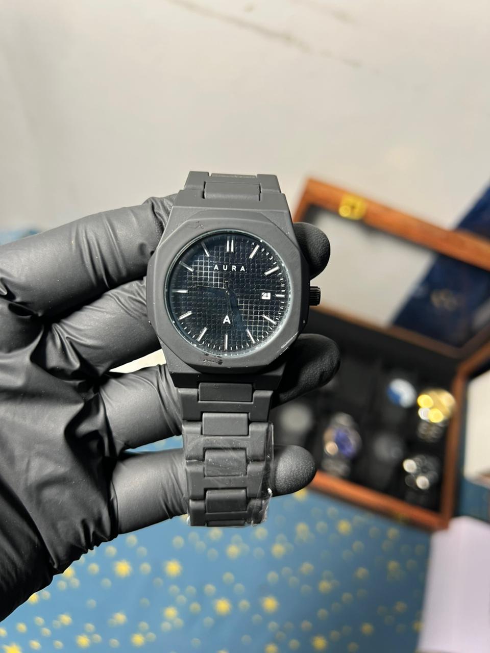 Aura Watch | All Black | Textured Grid Dial | Date Display