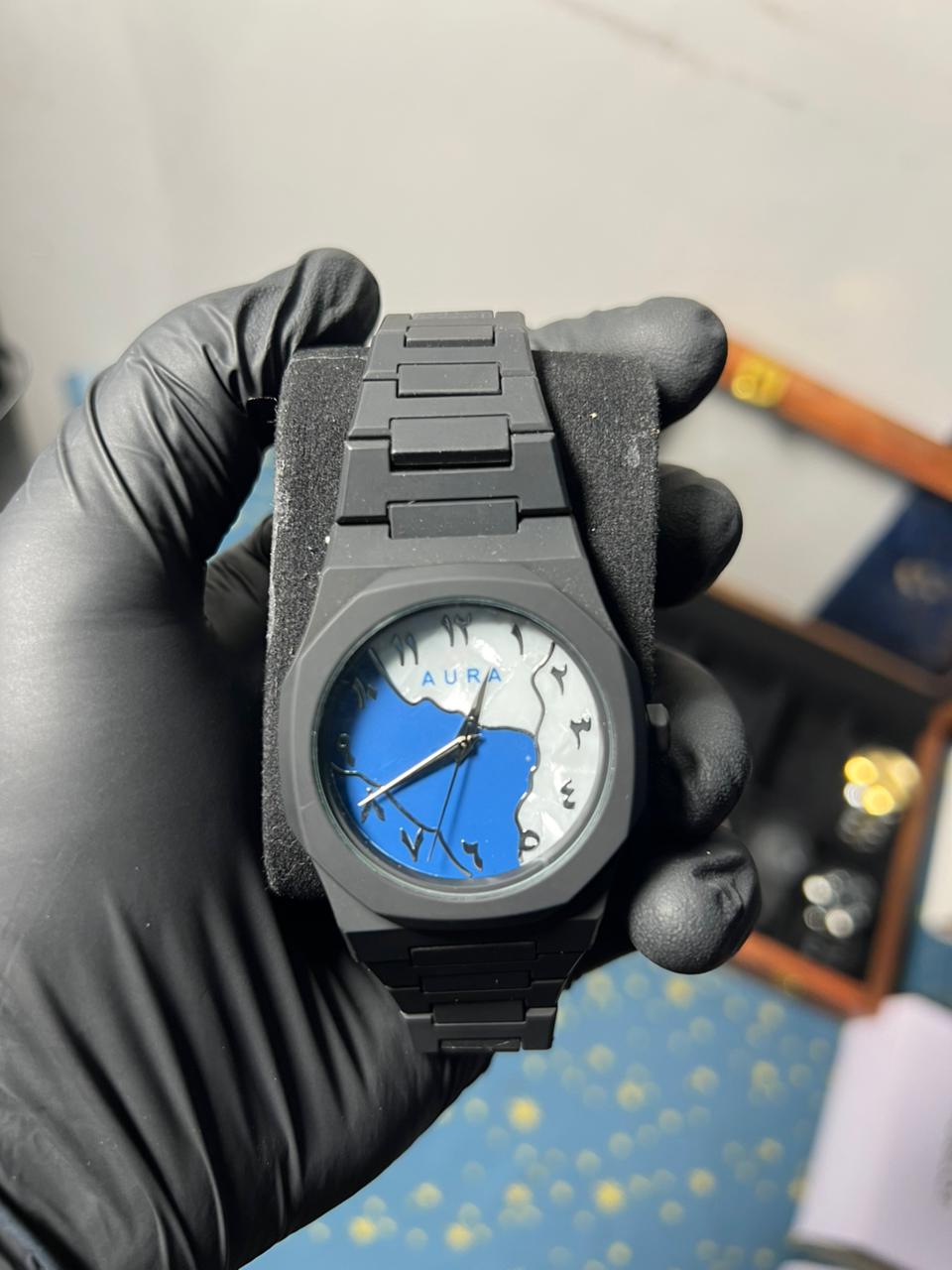 Aura | Blue & White Arabic Dial | Black Geometric Rubber Strap