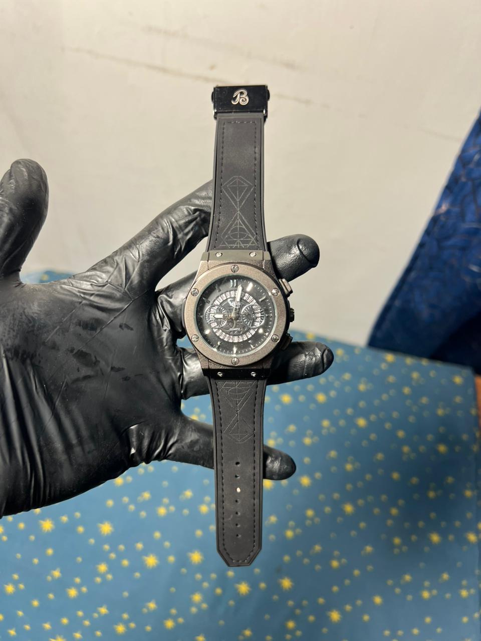 Hublot Big Bang | Skeleton Dial | Black Geometric Leather Strap